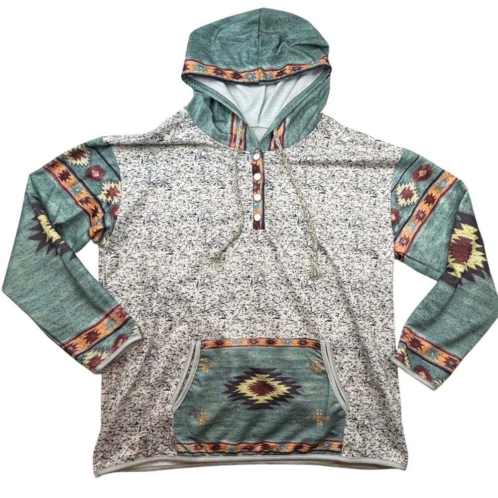 Teal Aztec Print Henley Hoodie XXL Southwest Tribal Geometric  Pullover‎